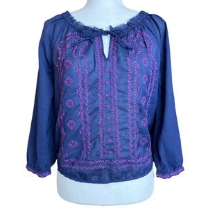 American Eagle long sleeve navy sheer blouse top with purple embroidery-Sz S